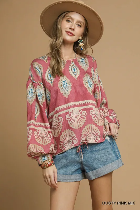 Kehlani Boho Print Blouse, Dusty Pink Mix sold by North & Main Clothing Company
