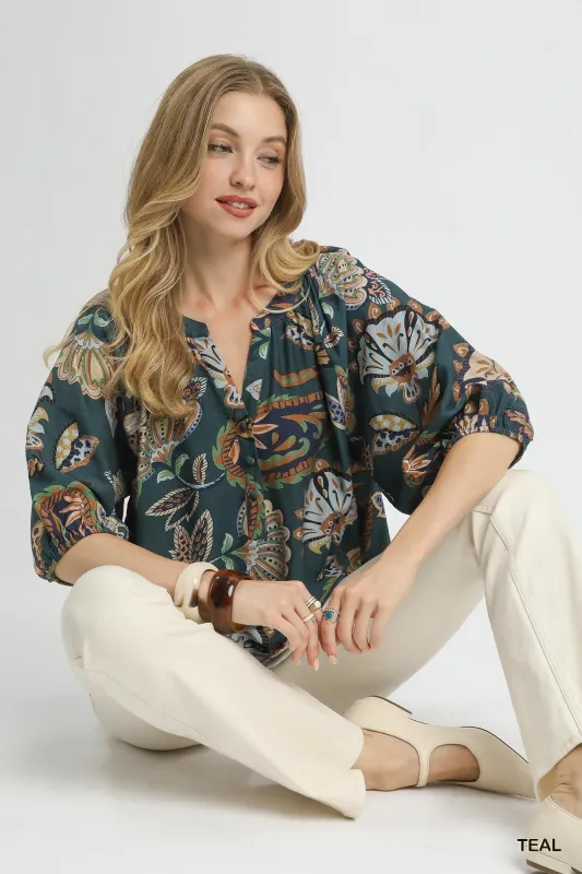 Cecilia Printed Half Sleeve Blouse, Teal sold by North & Main Clothing Company