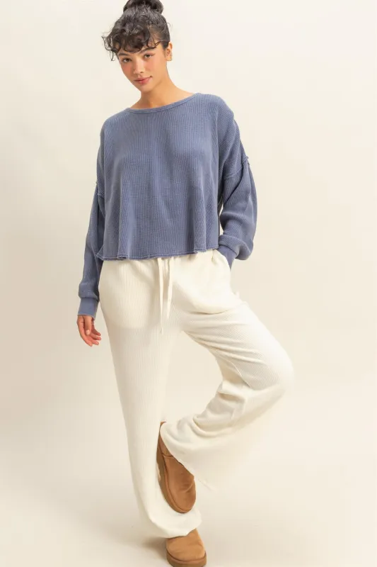 Marlowe Boat Neck Raw Edge Top, Dusty Indigo sold by North & Main Clothing Company