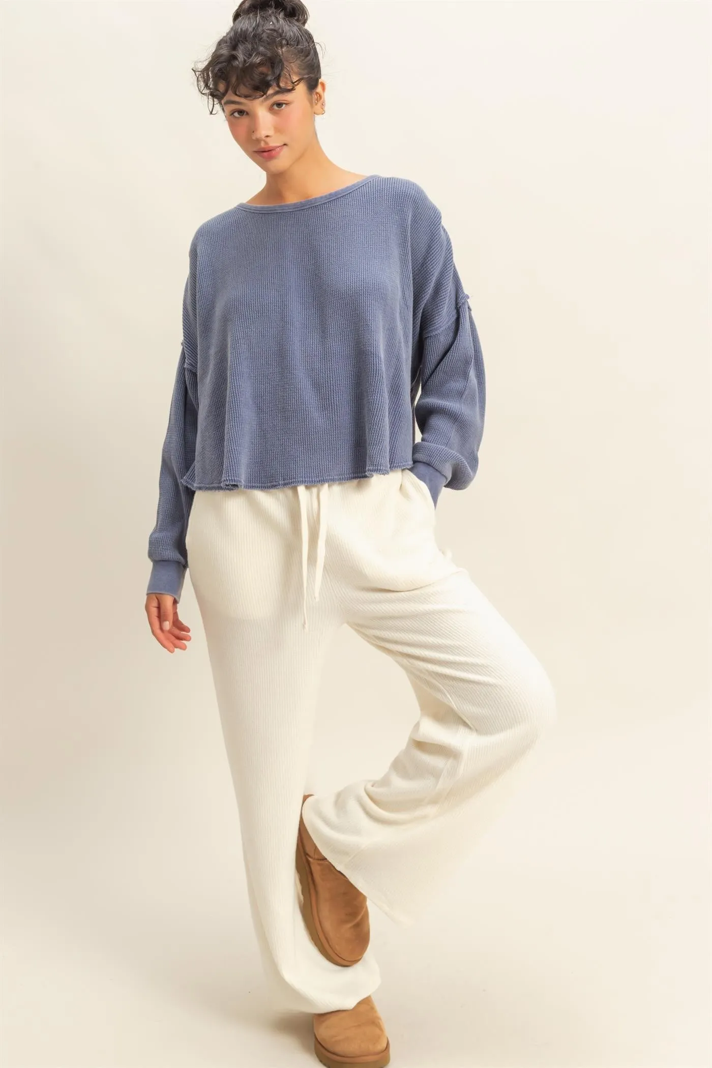 Marlowe Boat Neck Raw Edge Top, Dusty Indigo sold by North & Main Clothing Company