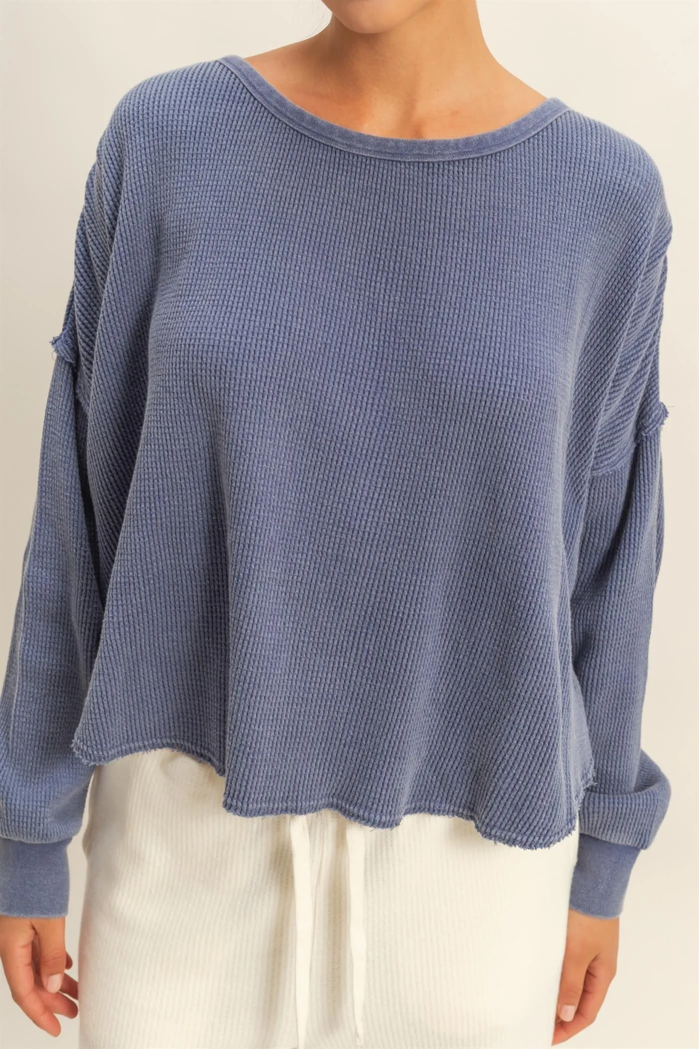 Marlowe Boat Neck Raw Edge Top, Dusty Indigo sold by North & Main Clothing Company product image thumbnail 3