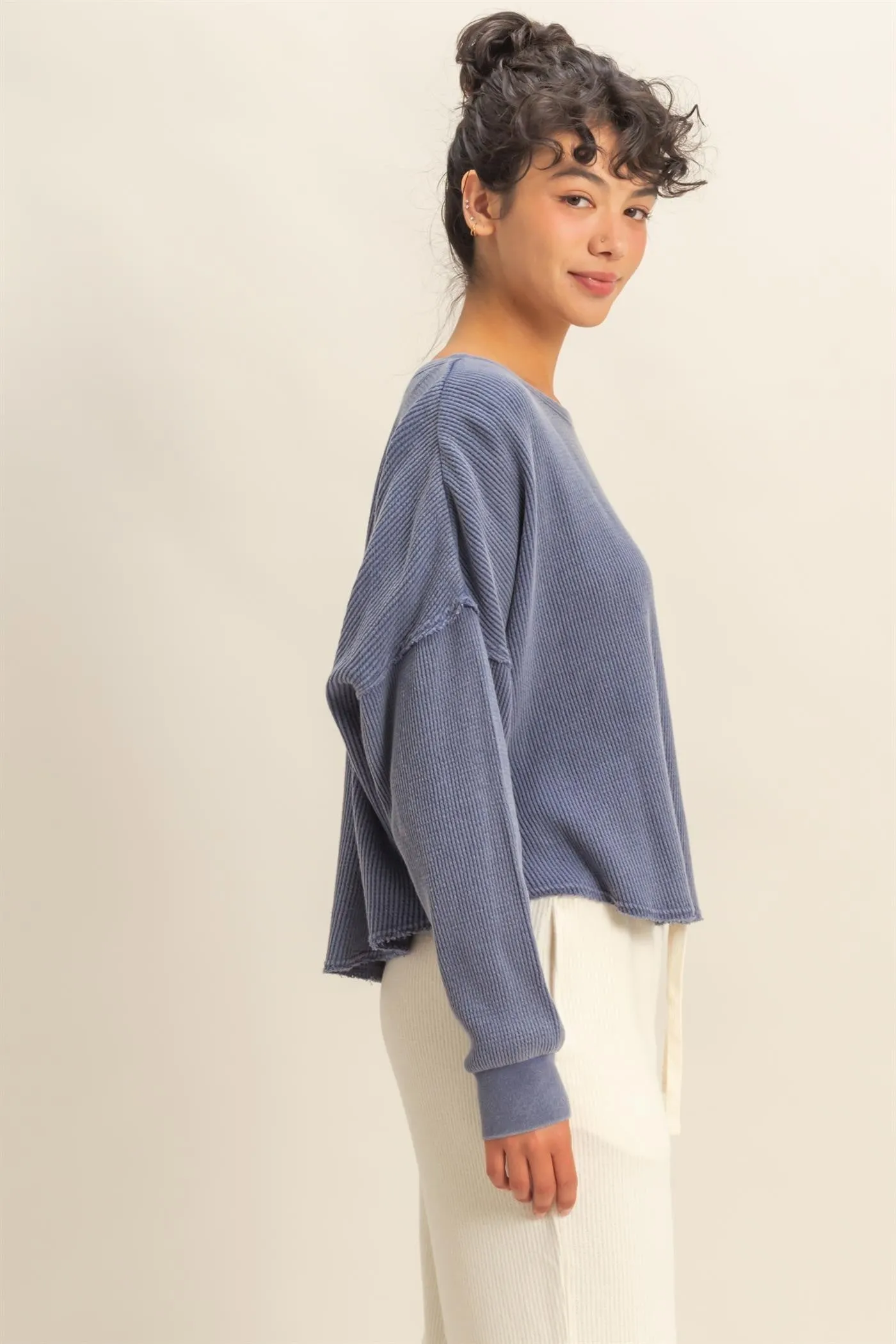 Marlowe Boat Neck Raw Edge Top, Dusty Indigo sold by North & Main Clothing Company product image thumbnail 4