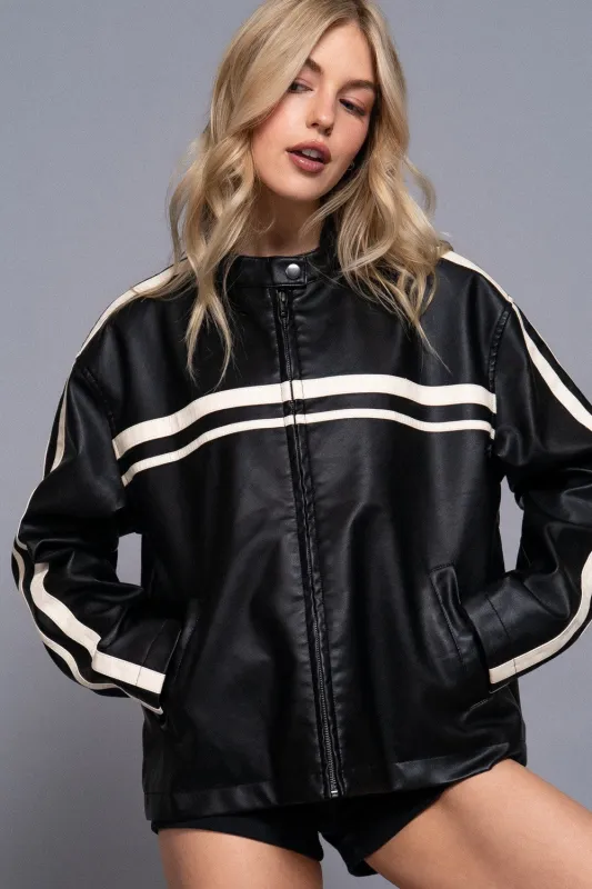Noa Line Detail Faux Leather Jacket, Black sold by North & Main Clothing Company