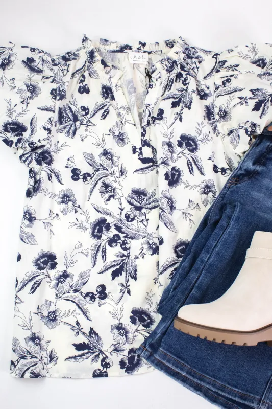 Alice Floral Split Neck Top, Ivory sold by North & Main Clothing Company