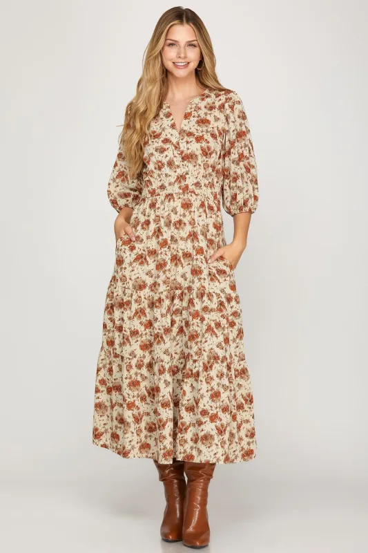 Arya Split Neck Printed Dress, Cream/Rust sold by North & Main Clothing Company