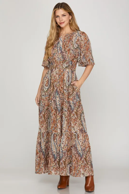 Valerie Half Flutter Sleeve Maxi Dress, Cinnamon sold by North & Main Clothing Company