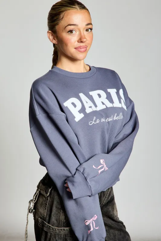 Paris Bow Embroidered Fleece Sweatshirt, Dusty Indigo sold by North & Main Clothing Company