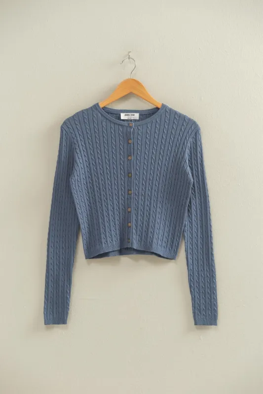 Iris Cable Knit Cropped Cardigan, Dusty Navy sold by North & Main Clothing Company