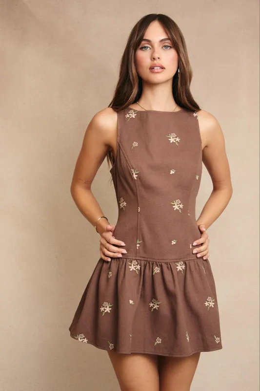 Hadley Floral Embroidered Shift Dress, Brown-Beige Floral sold by North & Main Clothing Company