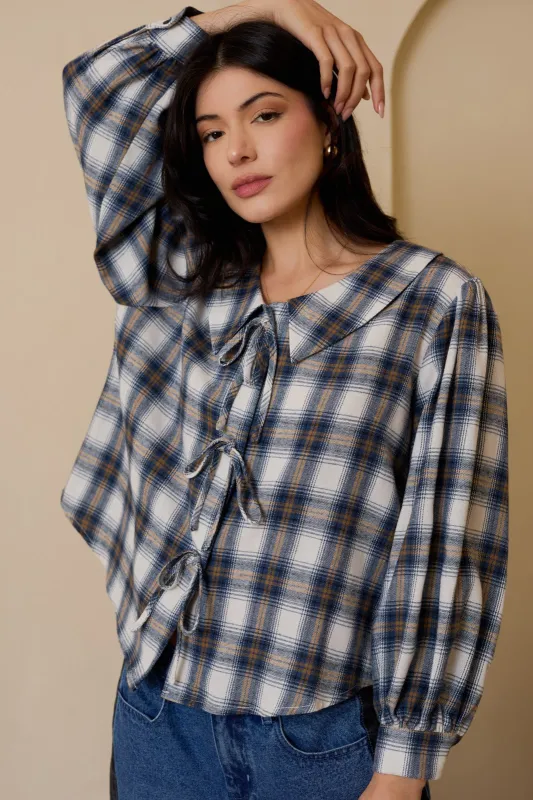 Raelynn Peter Pan Collared Shirt, Cream-Blue Plaid sold by North & Main Clothing Company