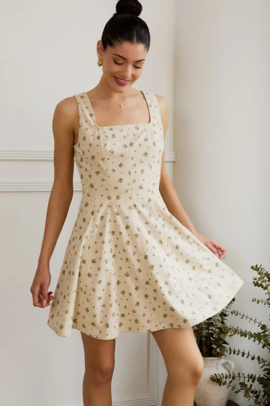 Lucia Square Neck Corduroy Dress, Cream-Taupe Floral sold by North & Main Clothing Company