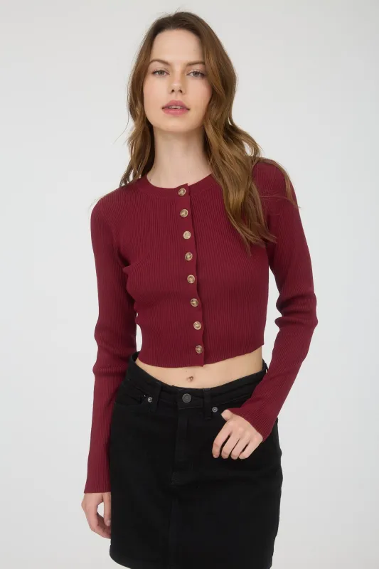 Josie Rib Knit Cropped Cardigan, Red Wood sold by North & Main Clothing Company