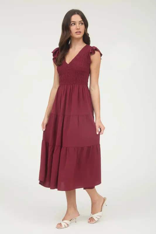 Greta Flutter Sleeve Maxi Dress, Burgundy sold by North & Main Clothing Company