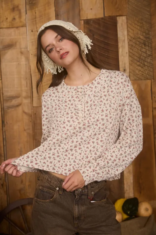 Liliana Floral Henley Rib Knit Top, Brown Multi sold by North & Main Clothing Company