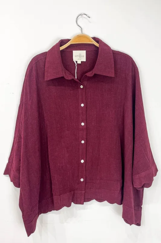 Caroline Linen Scallop Trim Blouse, Merlot sold by North & Main Clothing Company