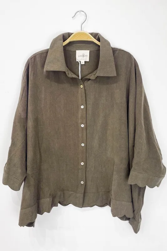 Caroline Linen Scallop Trim Blouse, Espresso sold by North & Main Clothing Company