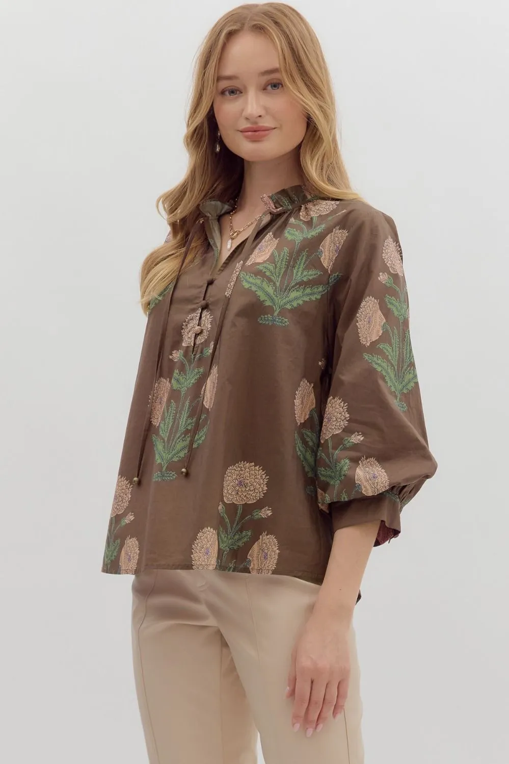 Miranda Floral Bubble Sleeve Blouse, Brown sold by North & Main Clothing Company product image thumbnail 4