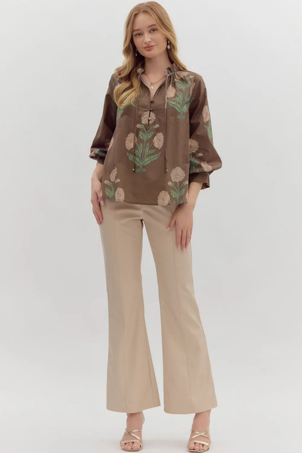 Miranda Floral Bubble Sleeve Blouse, Brown sold by North & Main Clothing Company product image thumbnail 2
