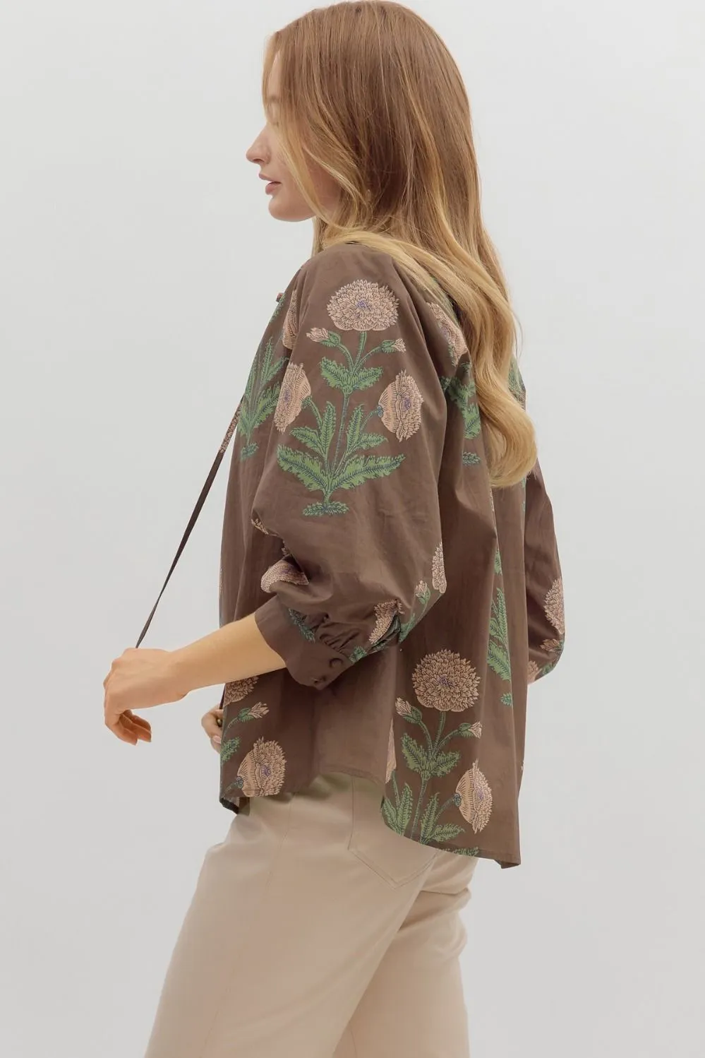 Miranda Floral Bubble Sleeve Blouse, Brown sold by North & Main Clothing Company product image thumbnail 5