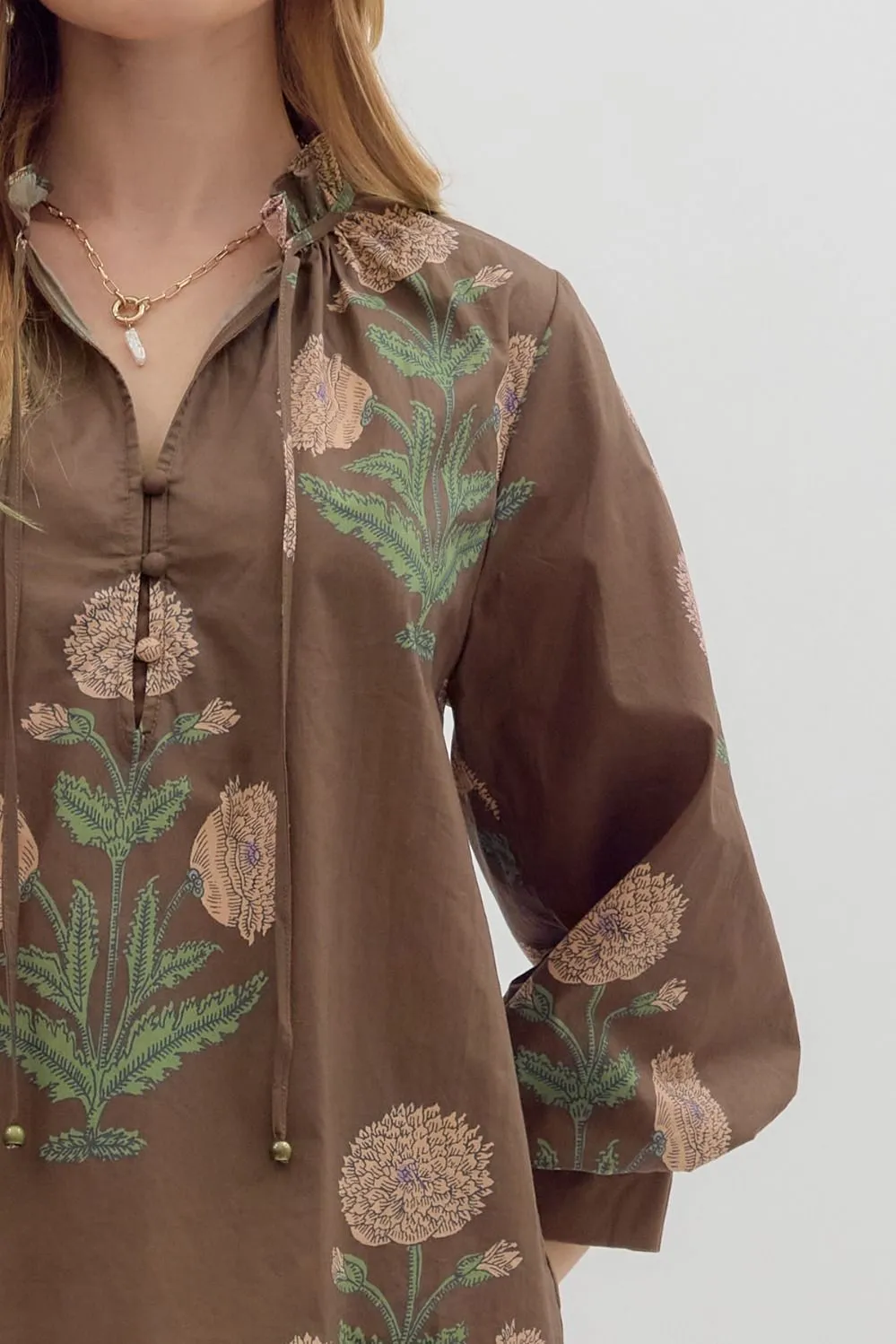 Miranda Floral Bubble Sleeve Blouse, Brown sold by North & Main Clothing Company product image thumbnail 3