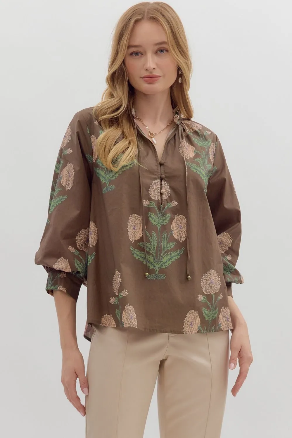 Miranda Floral Bubble Sleeve Blouse, Brown sold by North & Main Clothing Company