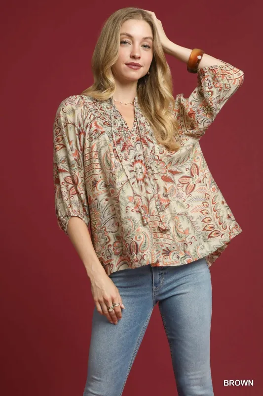 Jade Smocked Tie Neck Paisley Top, Brown sold by North & Main Clothing Company