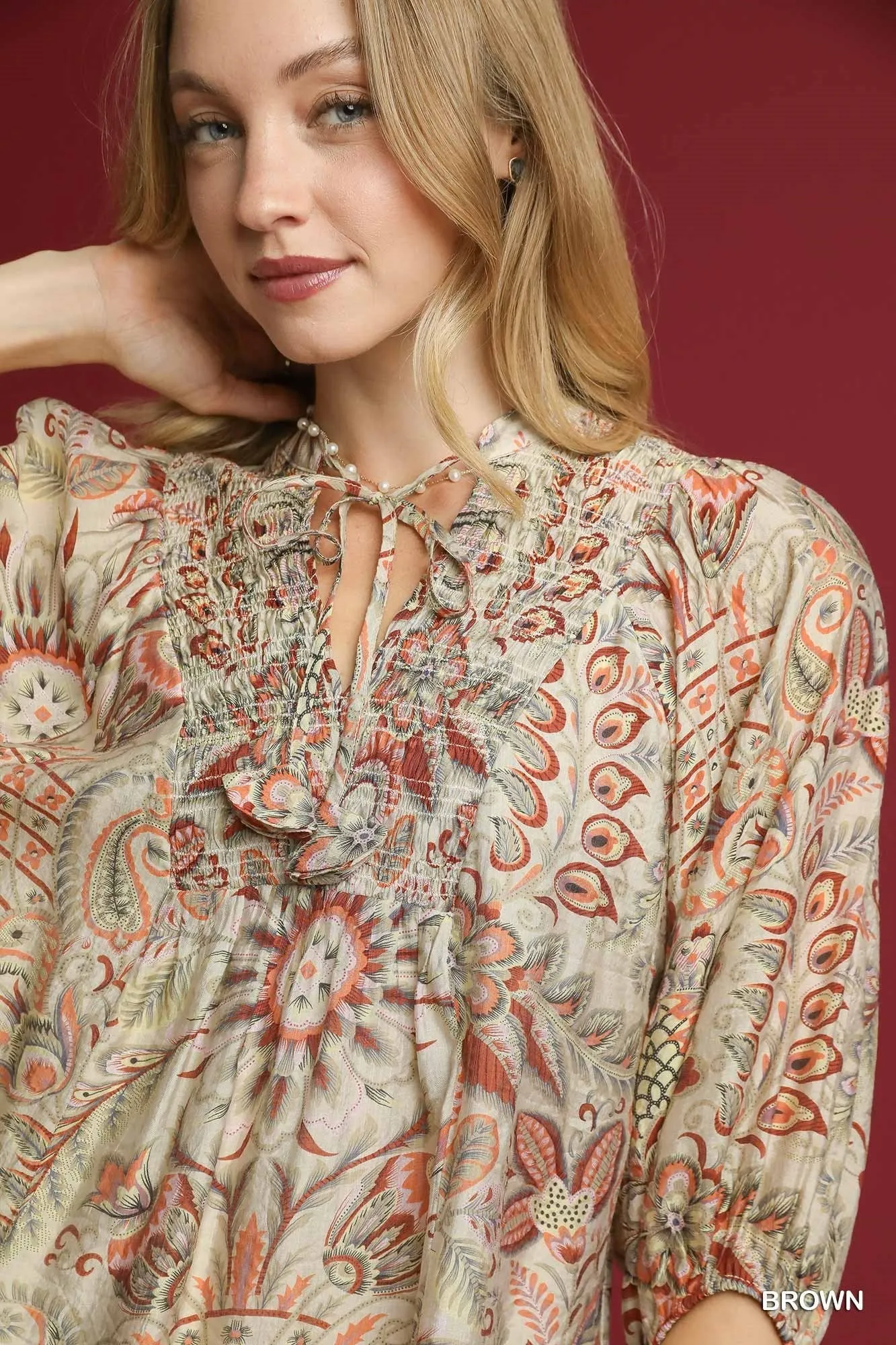 Jade Smocked Tie Neck Paisley Top, Brown sold by North & Main Clothing Company product image thumbnail 3