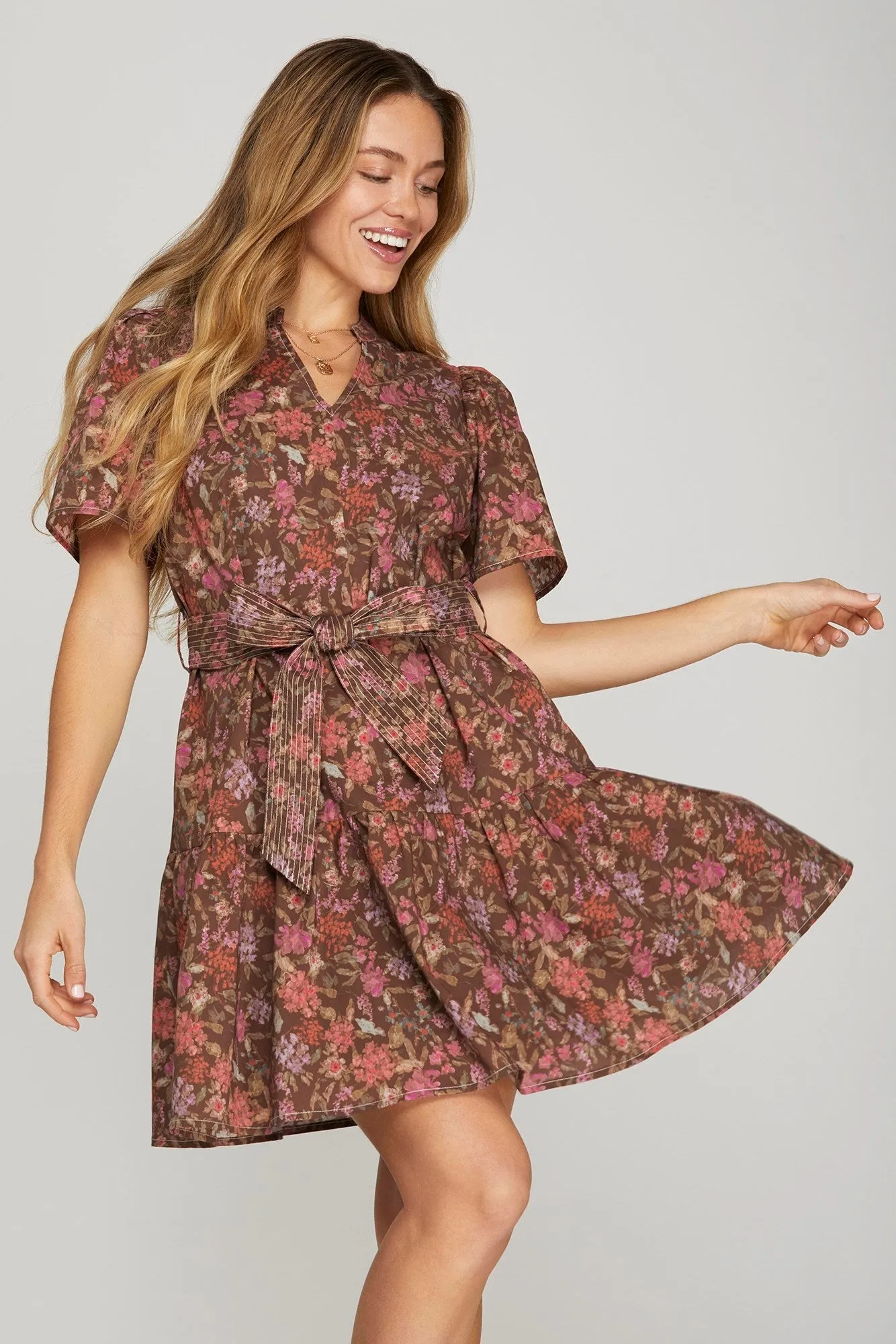 Athena Floral Waist Tie Dress, Brown sold by North & Main Clothing Company