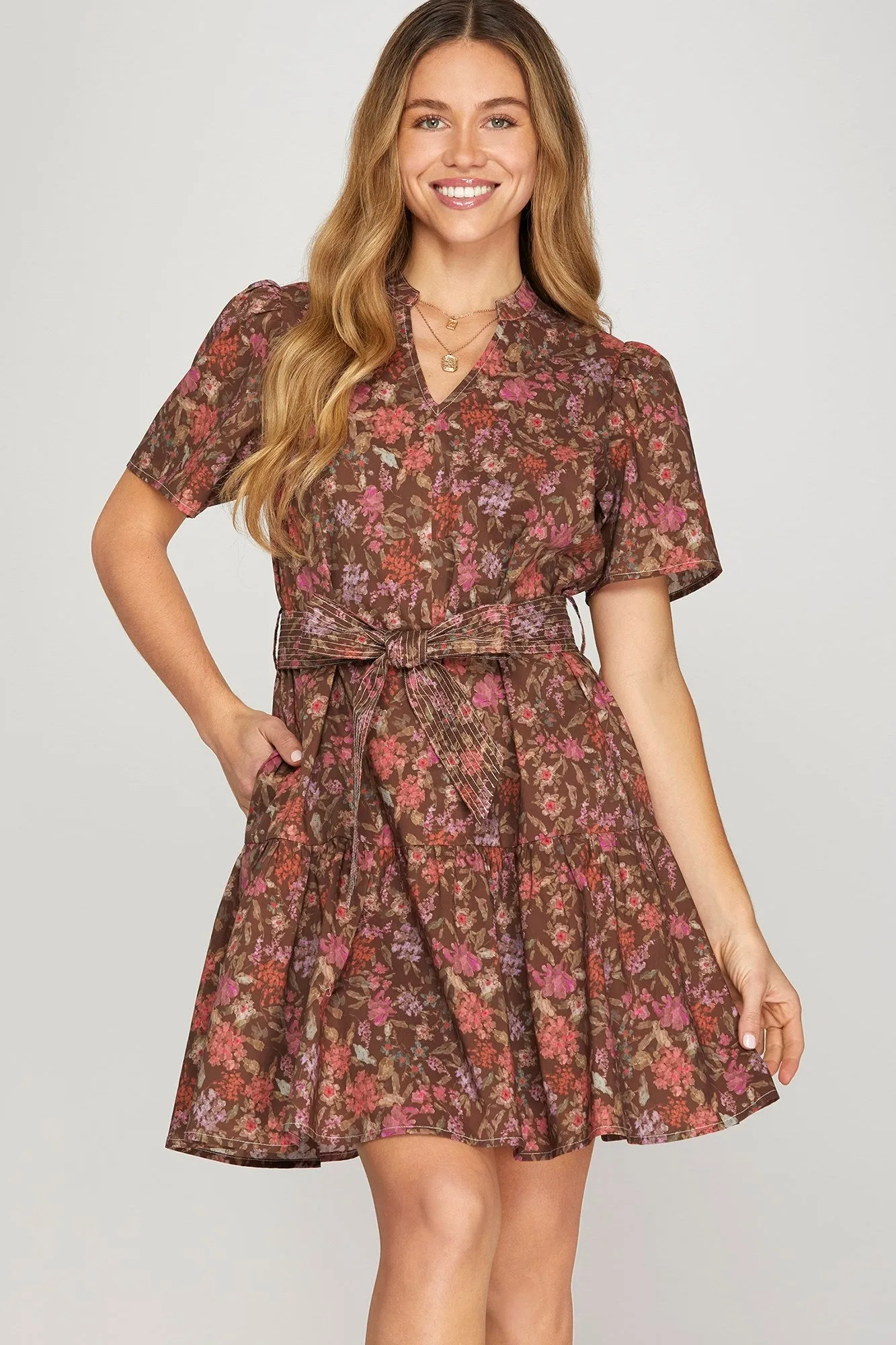 Athena Floral Waist Tie Dress, Brown sold by North & Main Clothing Company product image thumbnail 3