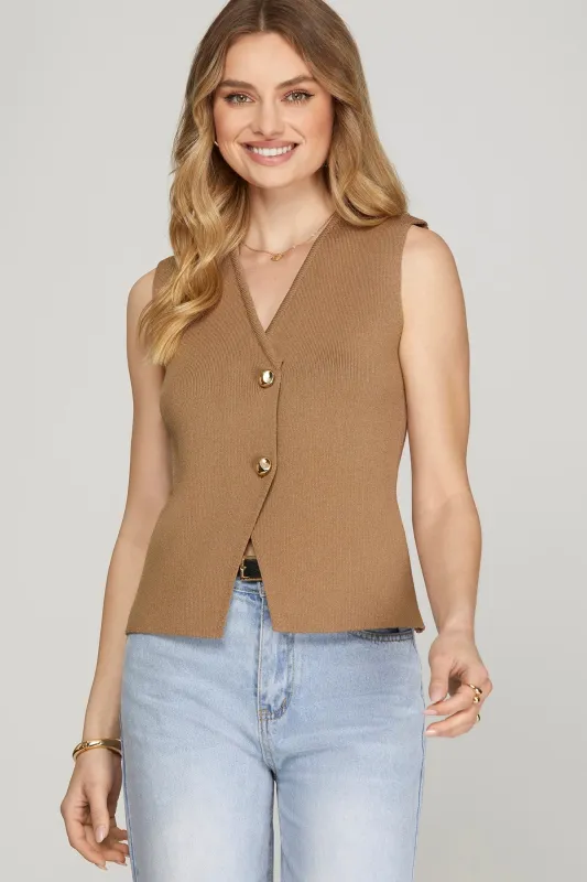 Elena Gold Button Sweater Vest, Mocha sold by North & Main Clothing Company