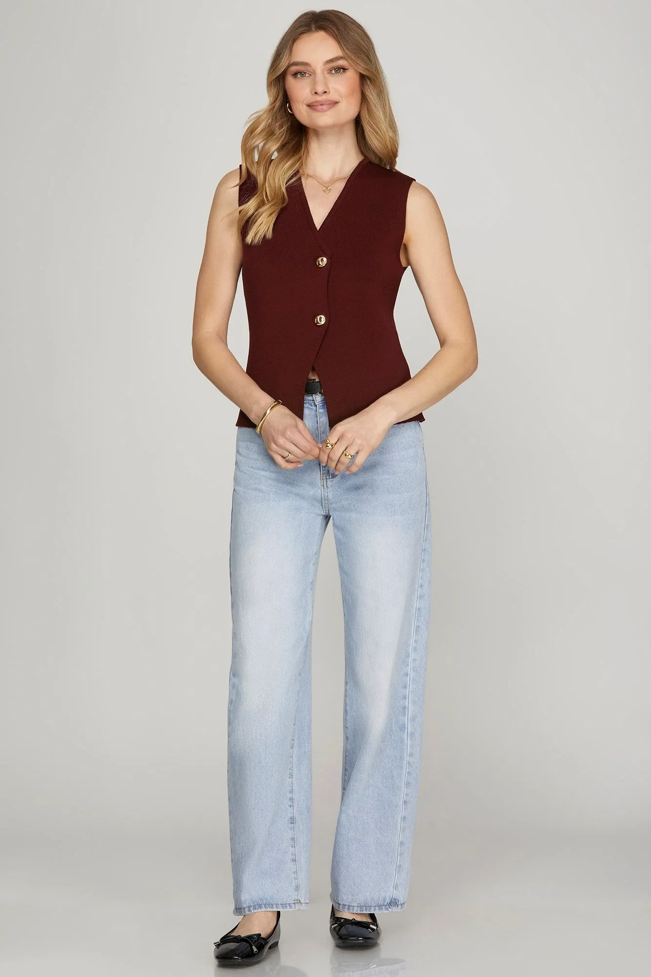 Elena Gold Button Sweater Vest, Wine sold by North & Main Clothing Company product image thumbnail 2