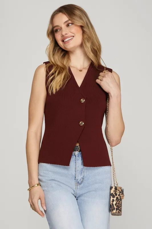 Elena Gold Button Sweater Vest, Wine sold by North & Main Clothing Company