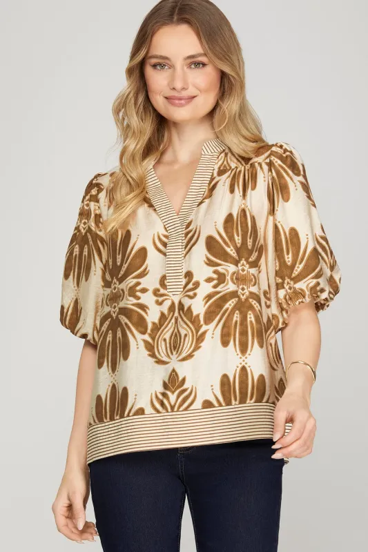 Arabella Bubble Sleeve Printed Top, Camel sold by North & Main Clothing Company