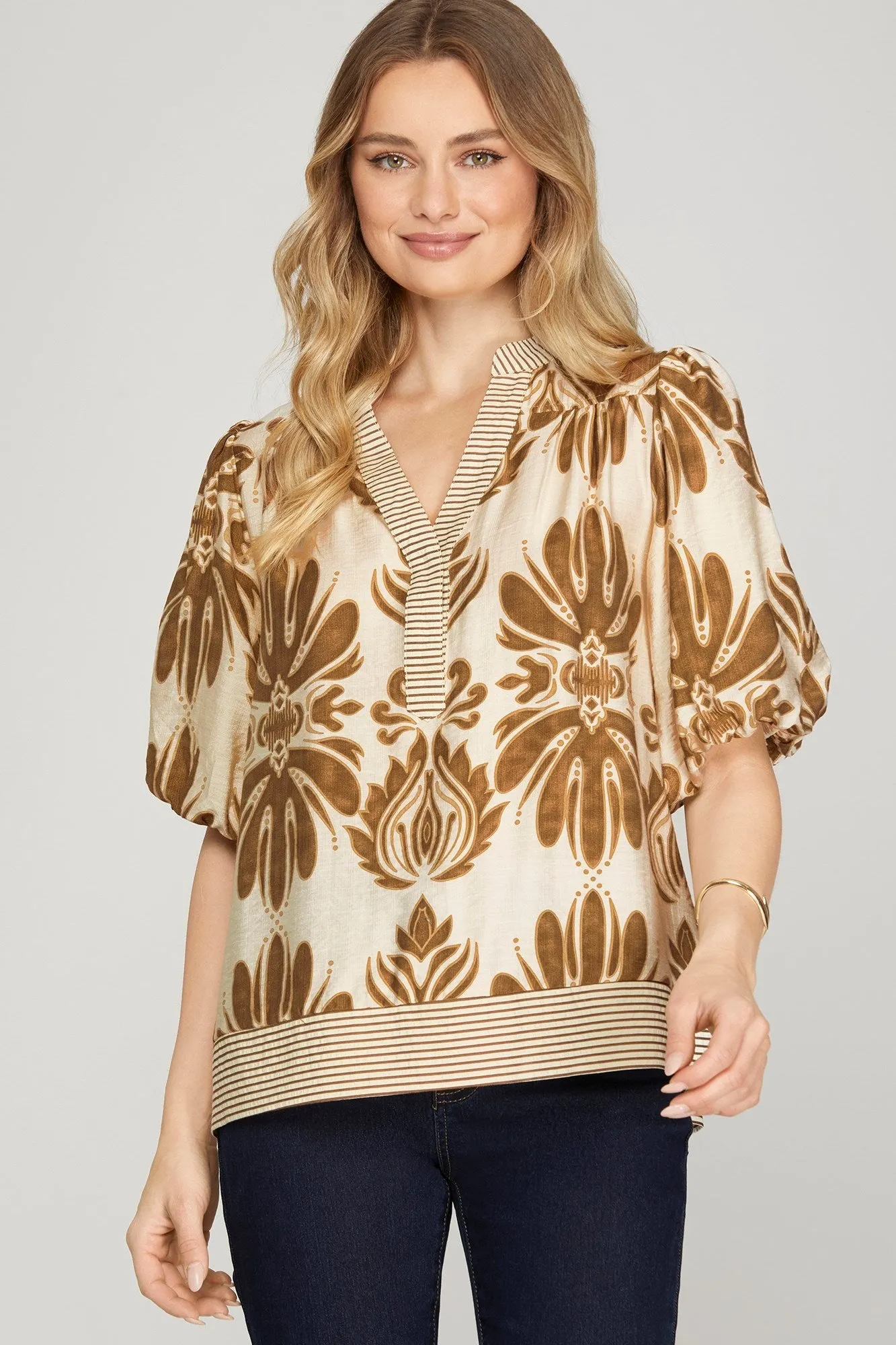Arabella Bubble Sleeve Printed Top, Camel sold by North & Main Clothing Company