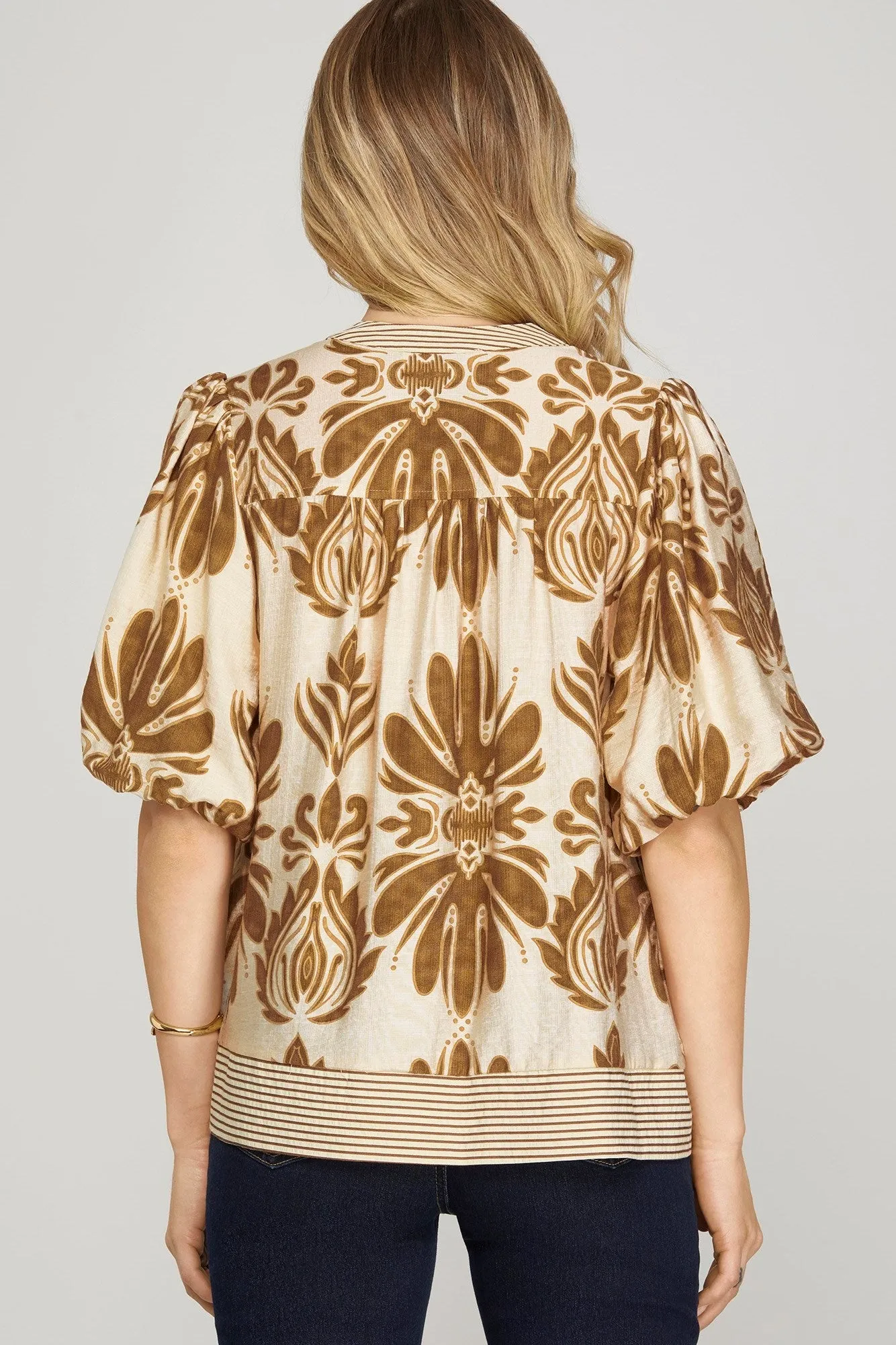 Arabella Bubble Sleeve Printed Top, Camel sold by North & Main Clothing Company product image thumbnail 2