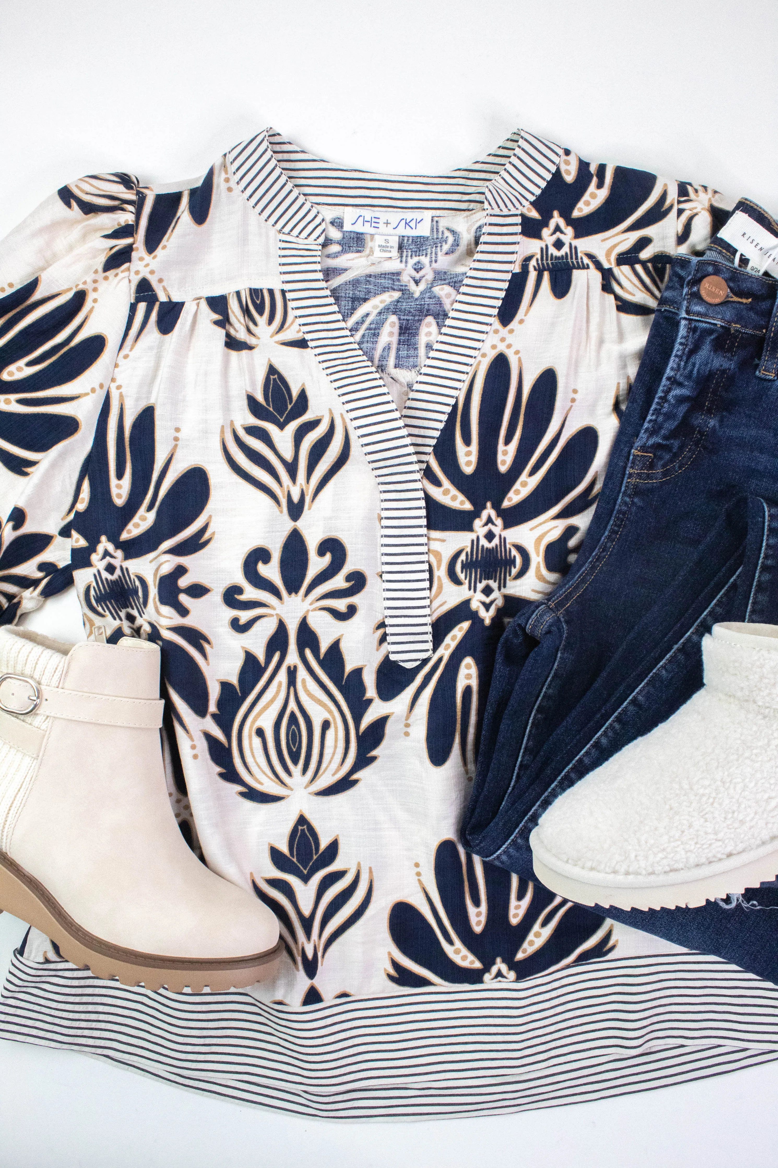 Arabella Bubble Sleeve Printed Top, Navy sold by North & Main Clothing Company product image thumbnail 3