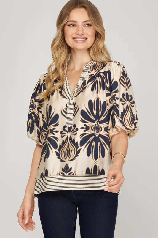 Arabella Bubble Sleeve Printed Top, Navy sold by North & Main Clothing Company
