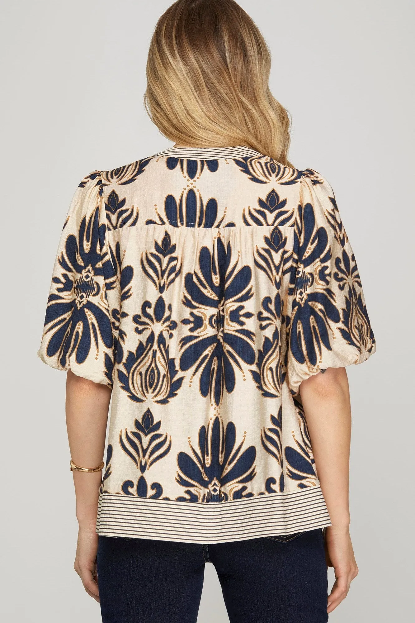 Arabella Bubble Sleeve Printed Top, Navy sold by North & Main Clothing Company product image thumbnail 2