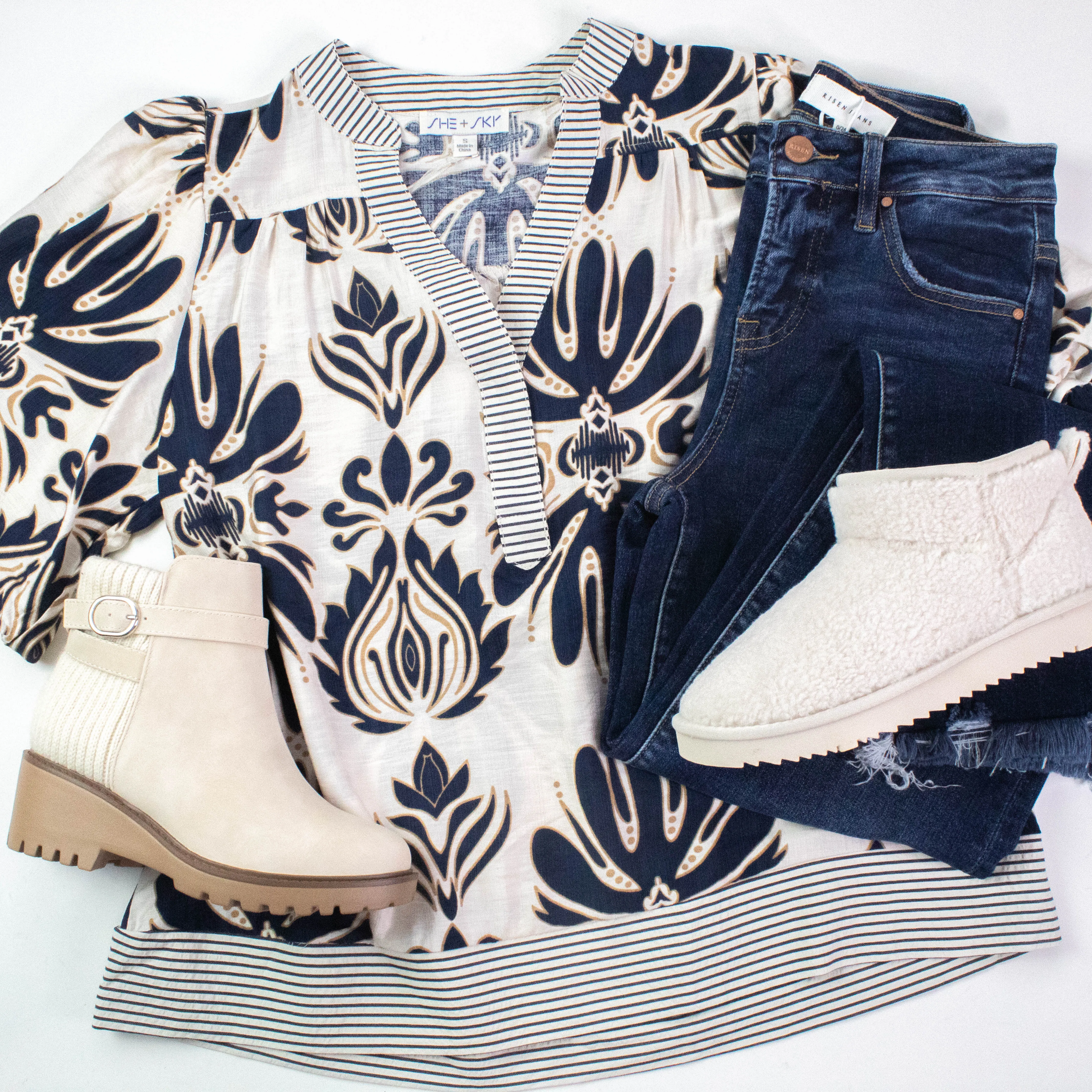 Arabella Bubble Sleeve Printed Top, Navy sold by North & Main Clothing Company product image thumbnail 5