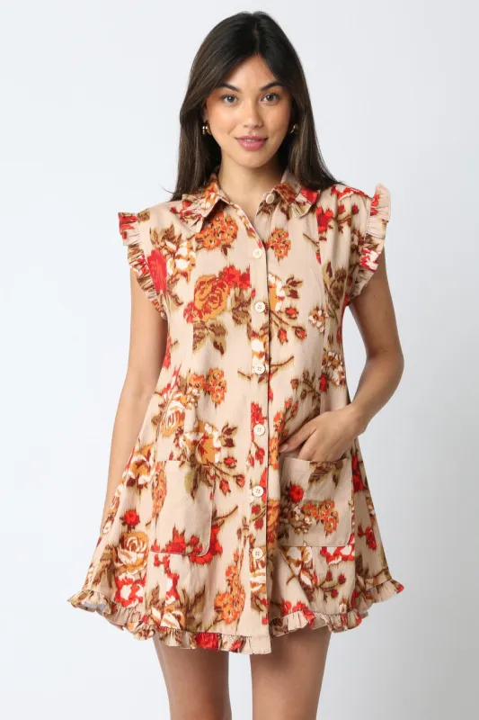 Lucy Floral Ruffled Button Down Dress, Taupe Red sold by North & Main Clothing Company