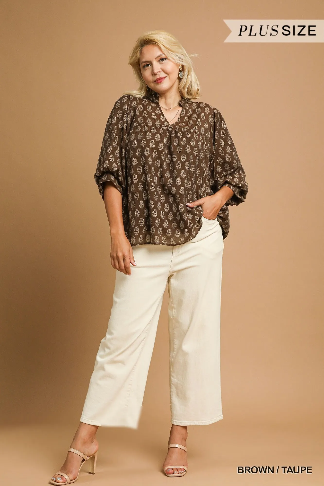 Amaya Floral Block Print Blouse, Brown/Taupe | Extended Sizes sold by North & Main Clothing Company product image thumbnail 2