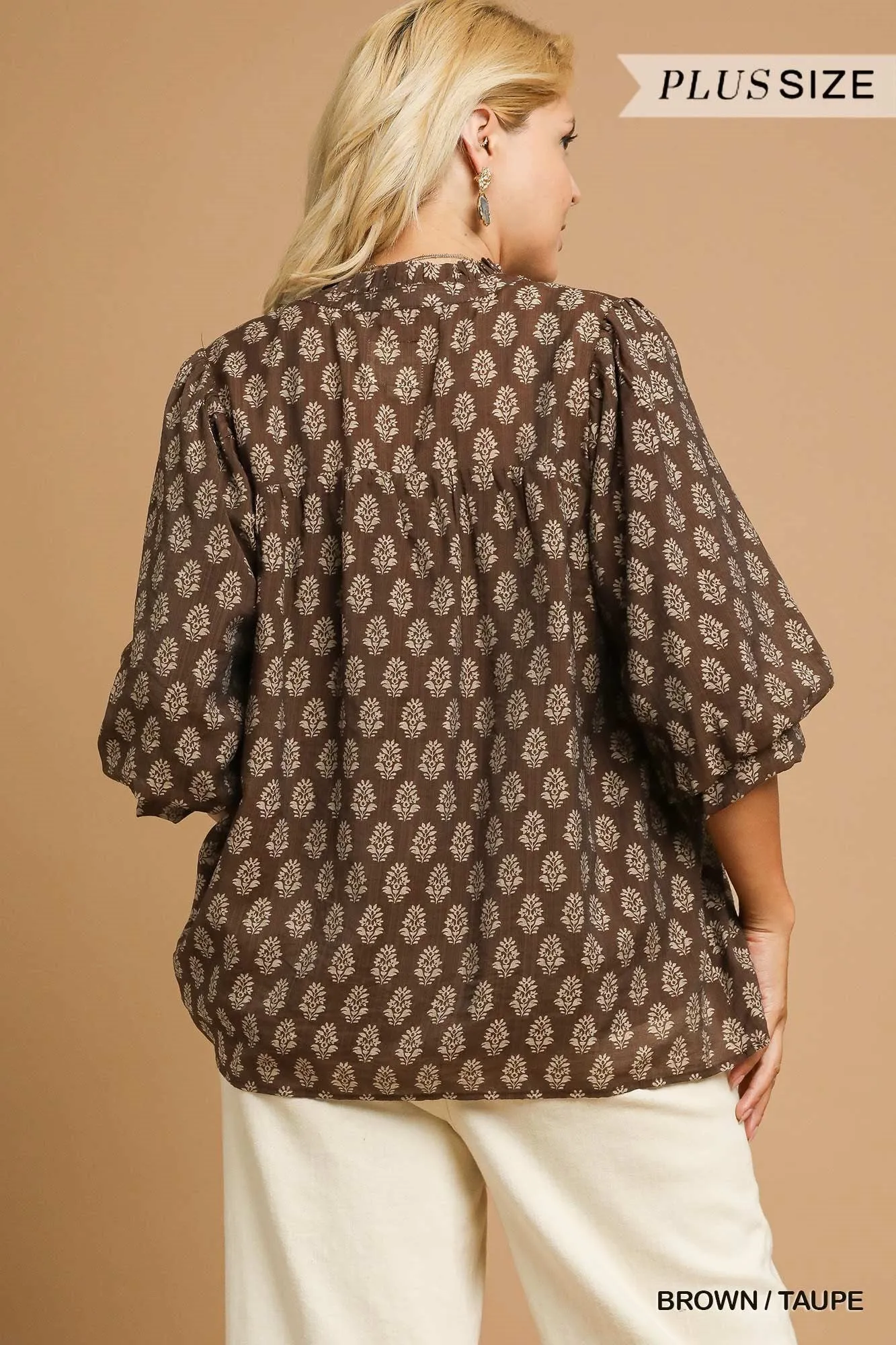Amaya Floral Block Print Blouse, Brown/Taupe | Extended Sizes sold by North & Main Clothing Company product image thumbnail 5