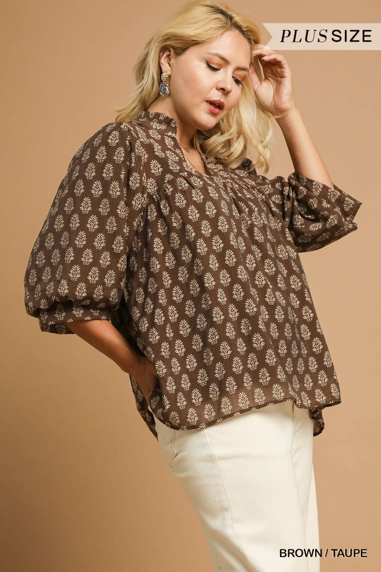 Amaya Floral Block Print Blouse, Brown/Taupe | Extended Sizes sold by North & Main Clothing Company product image thumbnail 4