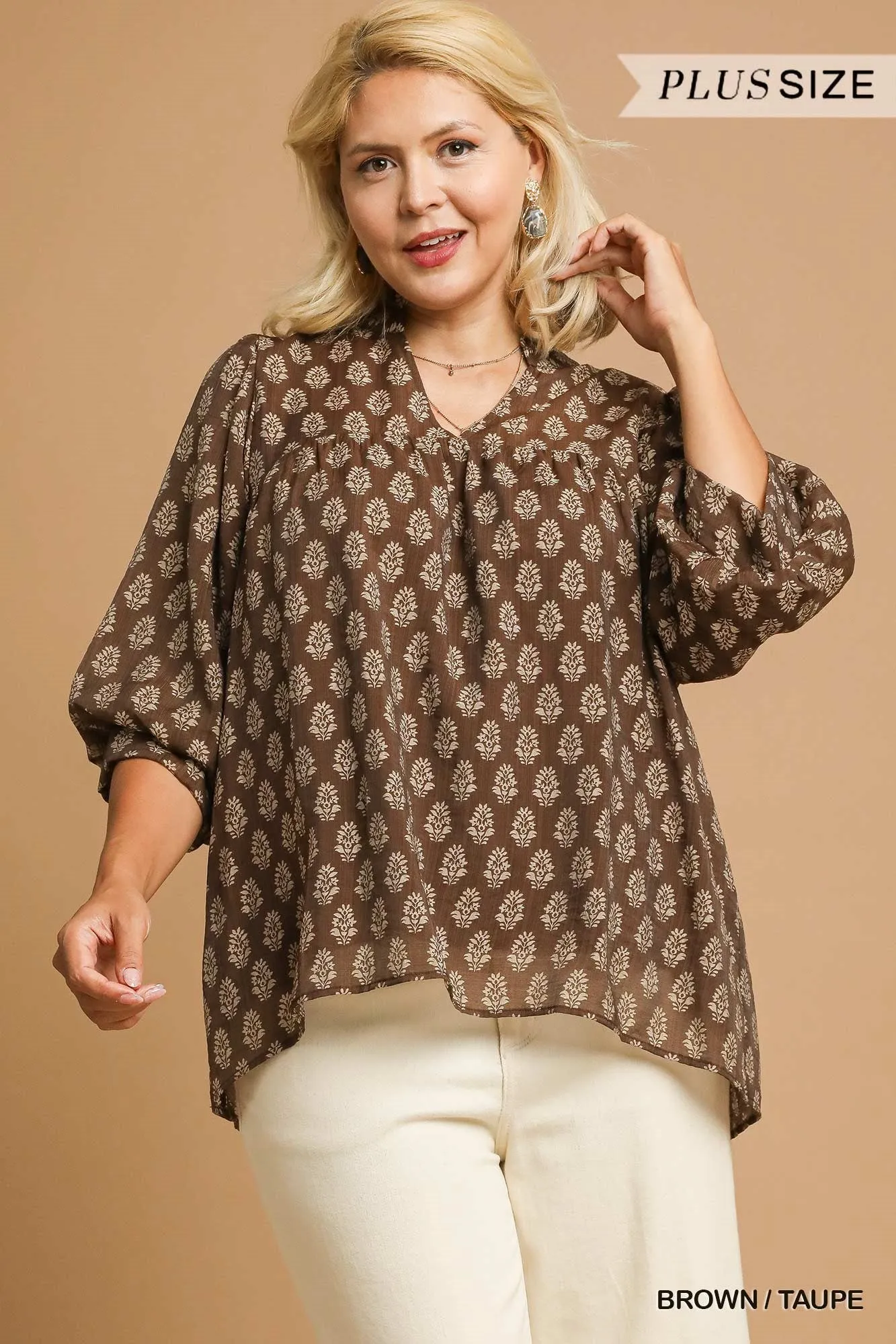 Amaya Floral Block Print Blouse, Brown/Taupe | Extended Sizes sold by North & Main Clothing Company