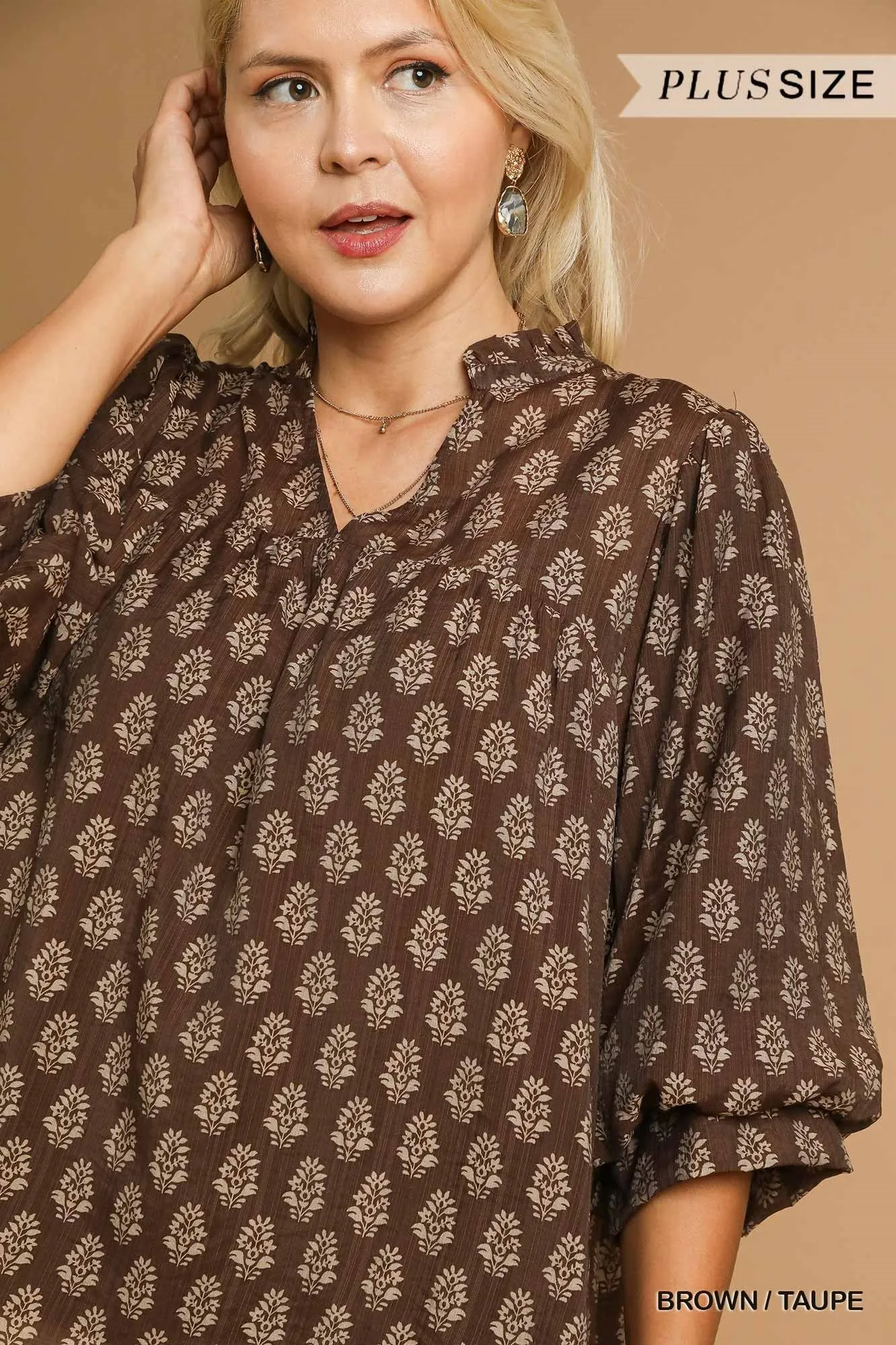 Amaya Floral Block Print Blouse, Brown/Taupe | Extended Sizes sold by North & Main Clothing Company product image thumbnail 3