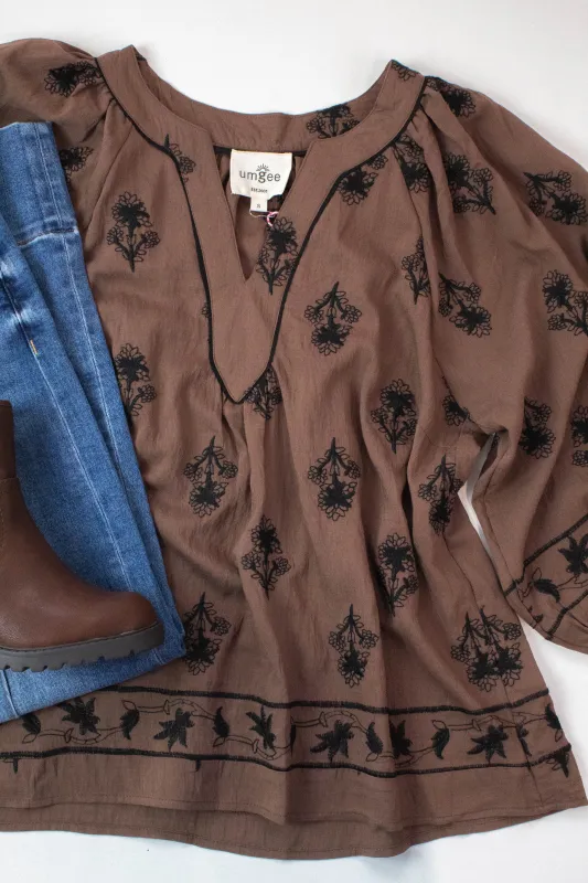 Oakley Floral Embroidered Top, Brown sold by North & Main Clothing Company