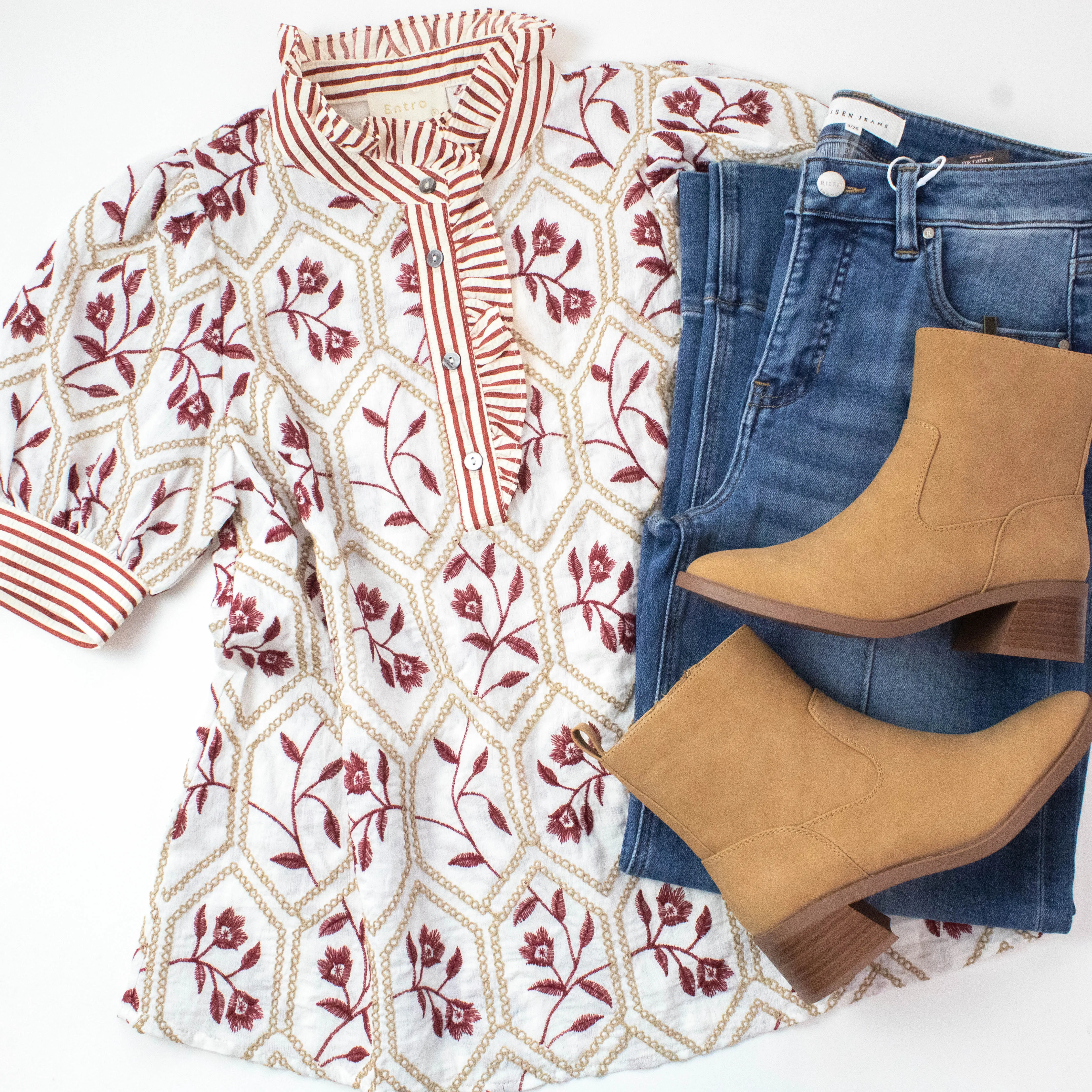 Ariella Ruffled Neck Embroidered Top, Cream sold by North & Main Clothing Company product image thumbnail 4