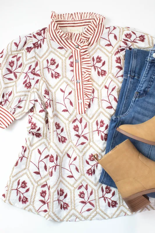 Ariella Ruffled Neck Embroidered Top, Cream sold by North & Main Clothing Company