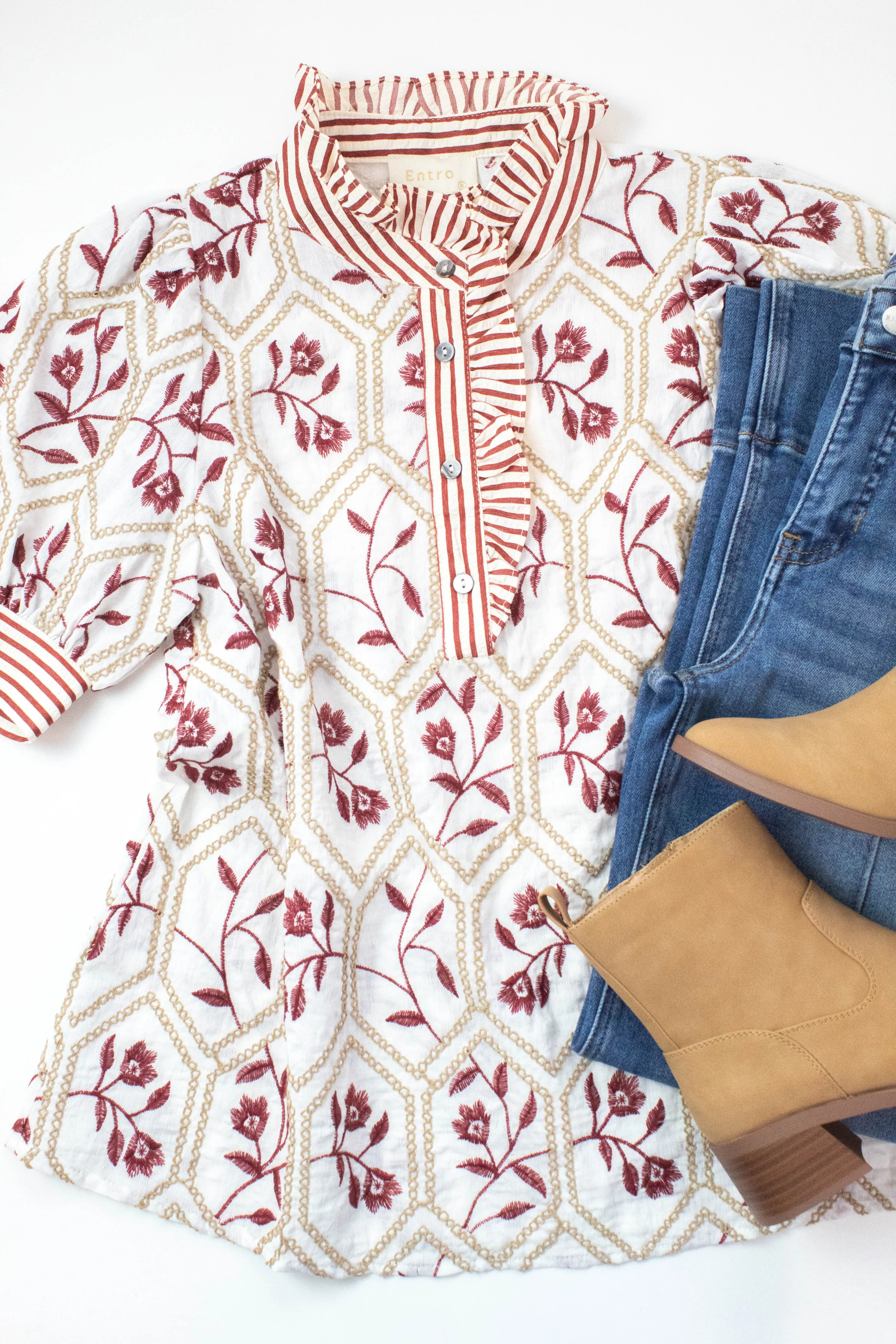 Ariella Ruffled Neck Embroidered Top, Cream sold by North & Main Clothing Company