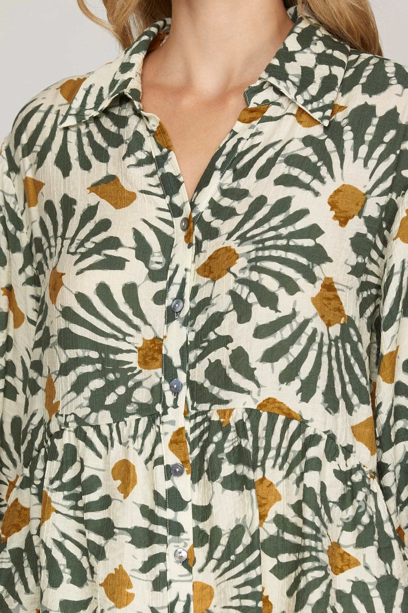 Katherine Printed Button Down Top, Olive sold by North & Main Clothing Company product image thumbnail 3